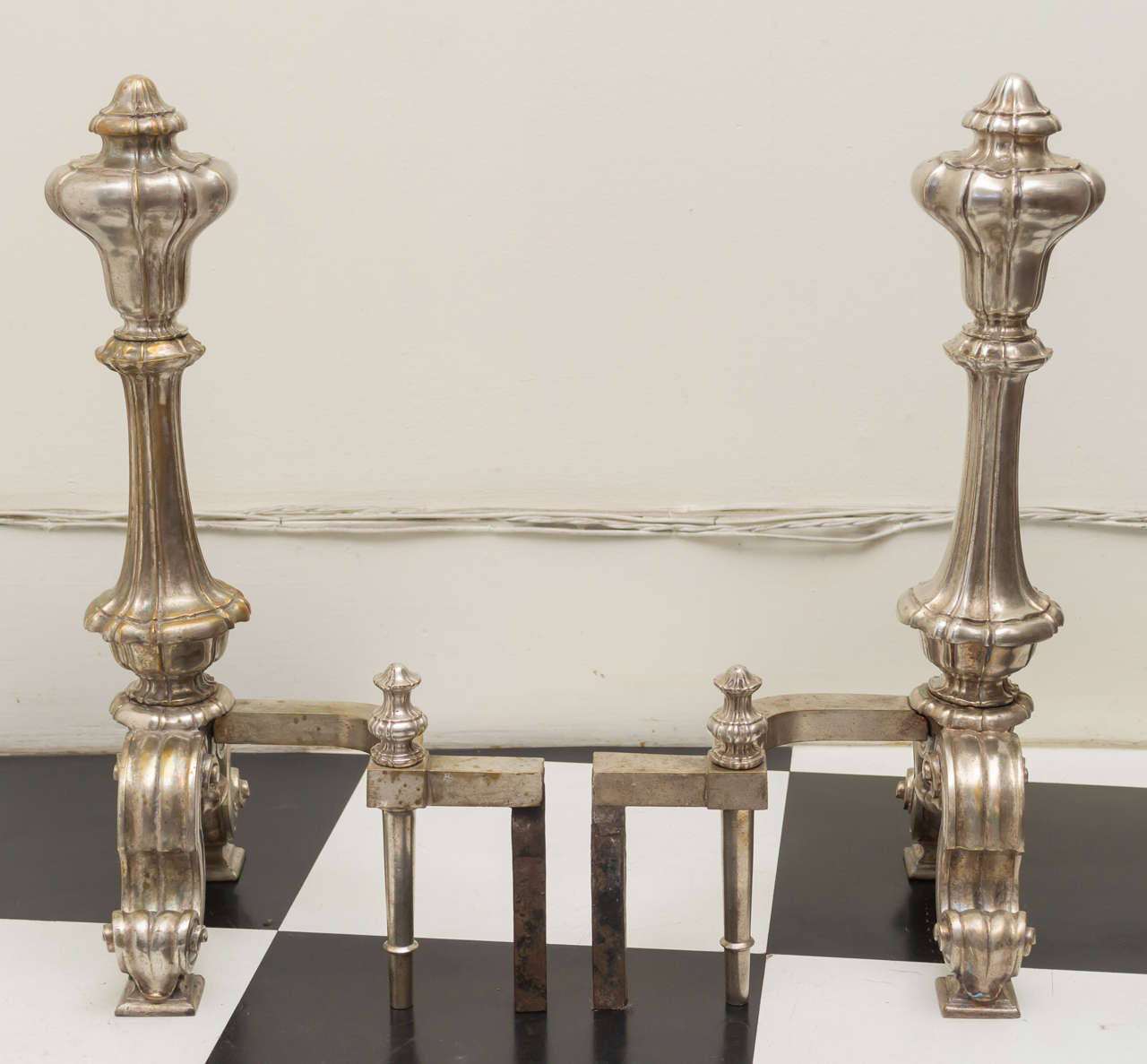 Iron Pair of 19th Century French Silver Gilt Bronze Andirons