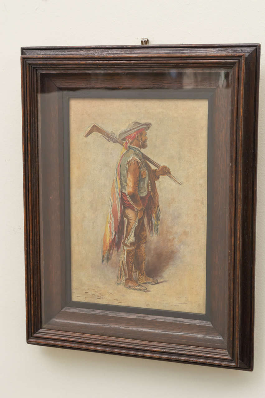19th century Continental study of a Hispano-Moresque figure in a colorful costume posed with a rifle. Oil painting, original canvas and stretcher under old glass. Excellent preservation, cleaned. Painting is 13 inches high by 9 inches wide. Unsigned.