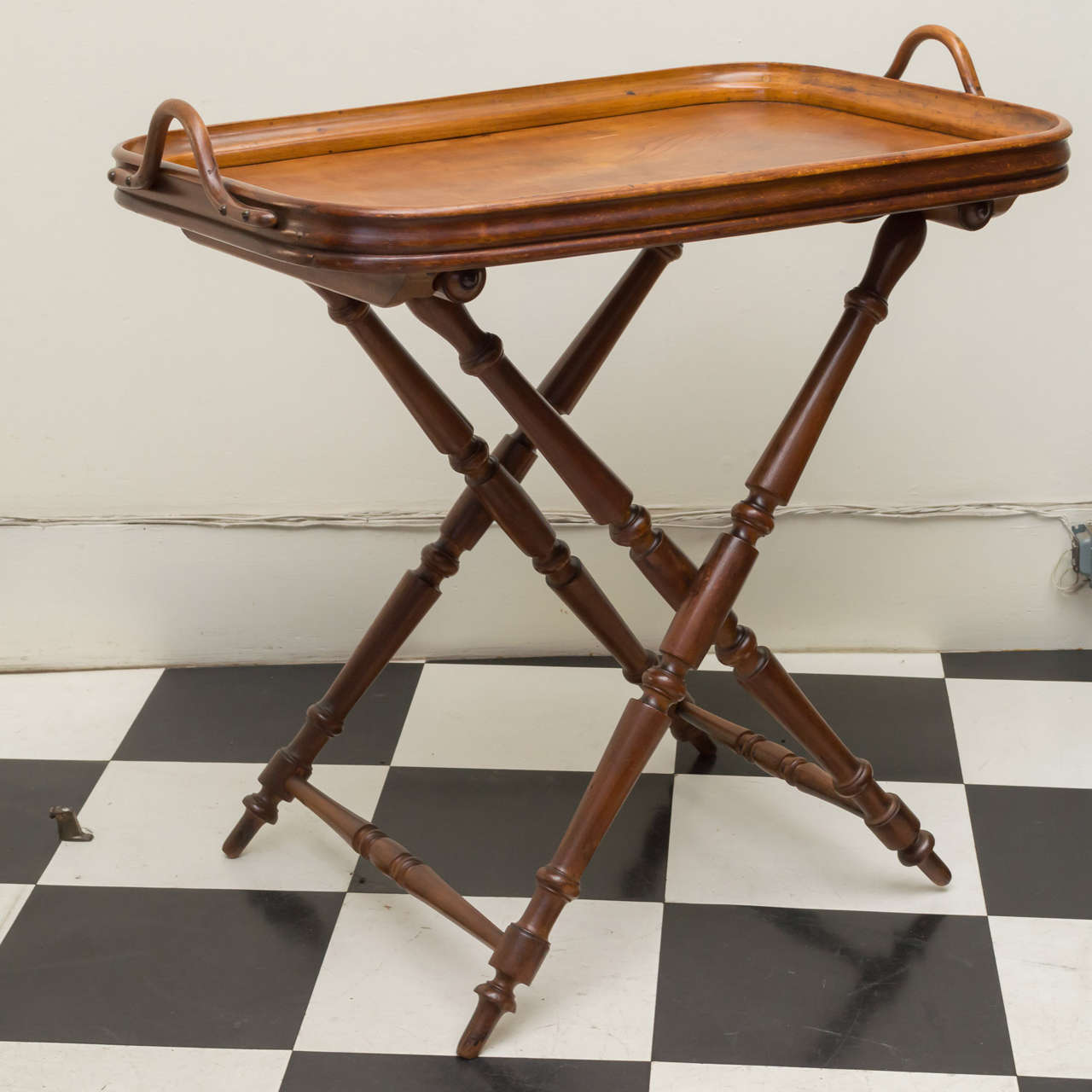 Late 19th C French Bentwood Handled Tray on Turned Stand