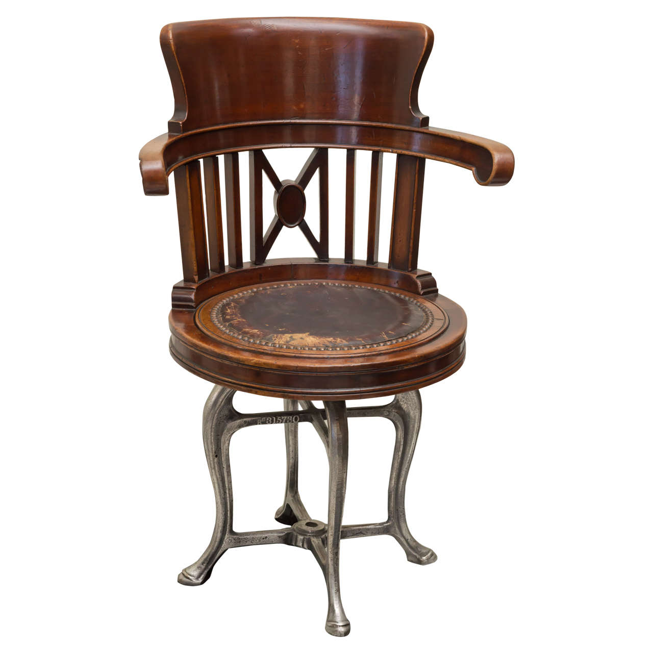 Late 19th C American Ship's Chair in Mahogany and Nickel Iron Swivel Base