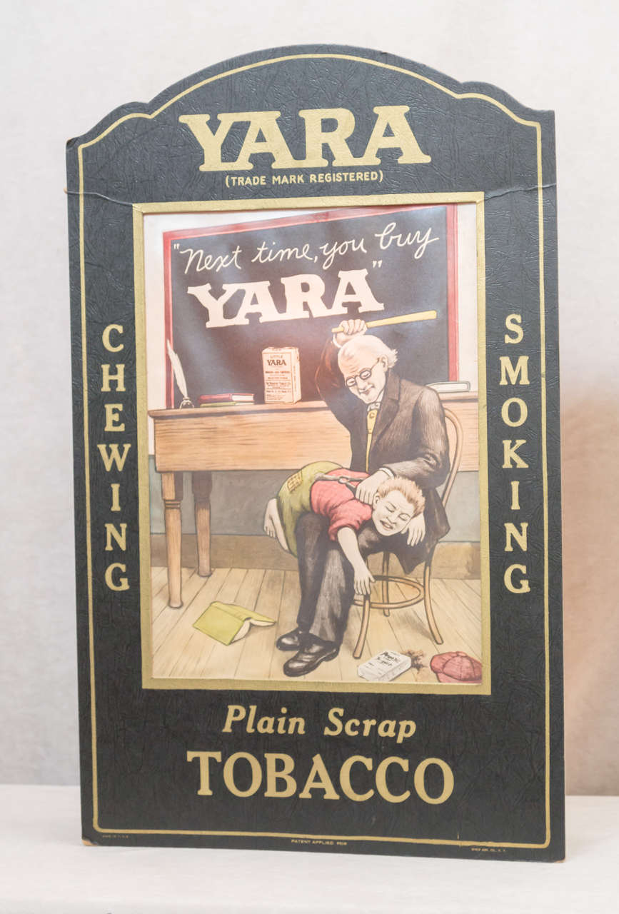 We are avid advertising collectors and dealers for over 30 years and here's an item that we have never seen before. The scene depicts a young child being spanked by his teacher for not using the recommended chewing tobacco. If you like humor and