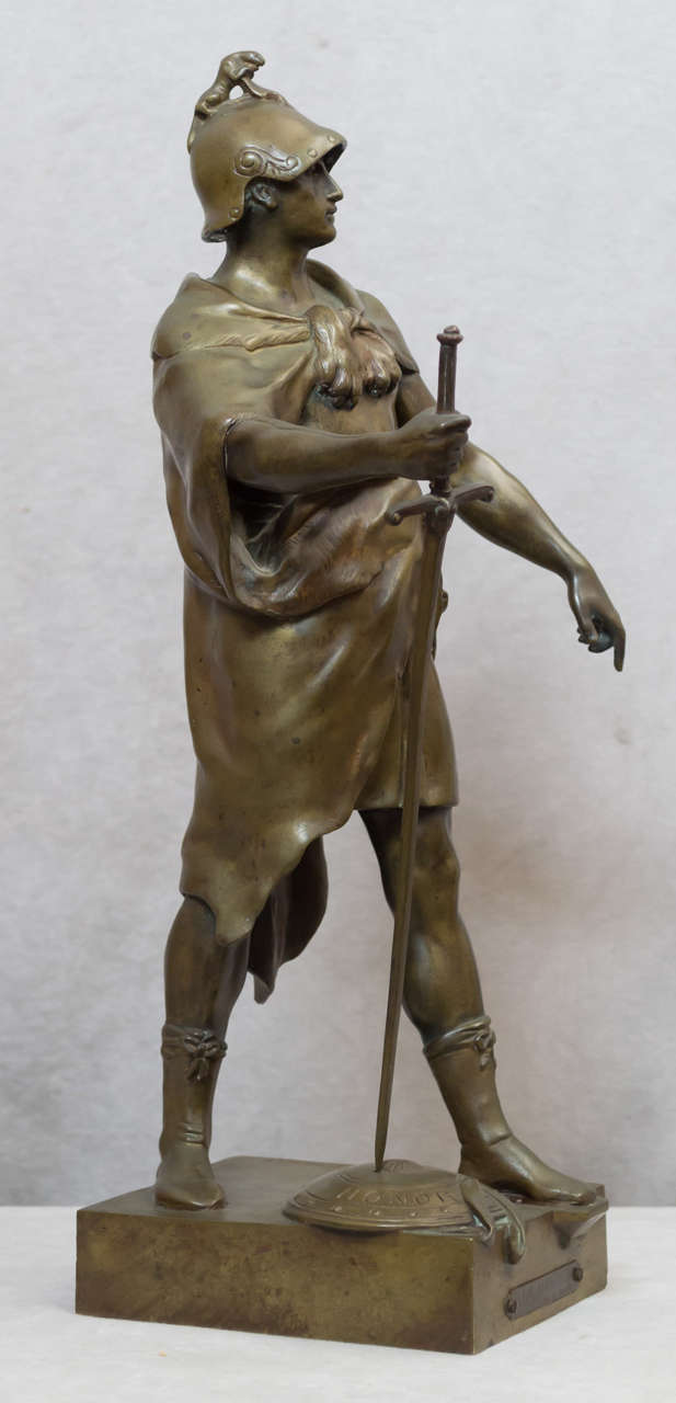 This handsome young warrior is very typical of the work one finds when researching Emile Picault. Mr. Picault was a prolific bronze sculptor working in France in the latter part of the 19th century. To see many examples of his works we suggest the 4