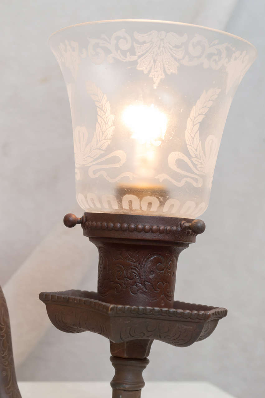 High Quality Cast Bronze Sconces w/ Deep Etched Glass Shades 1