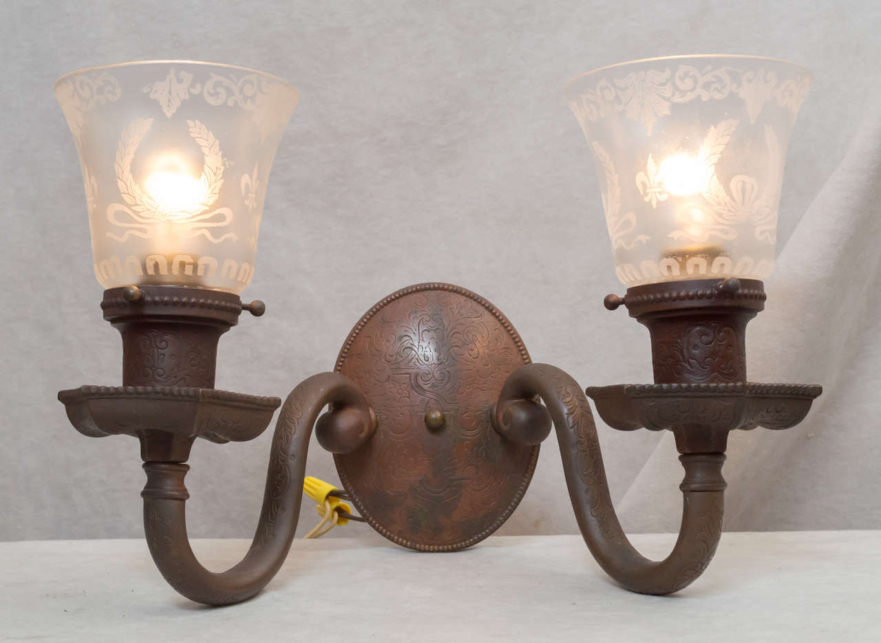 High Quality Cast Bronze Sconces w/ Deep Etched Glass Shades 2