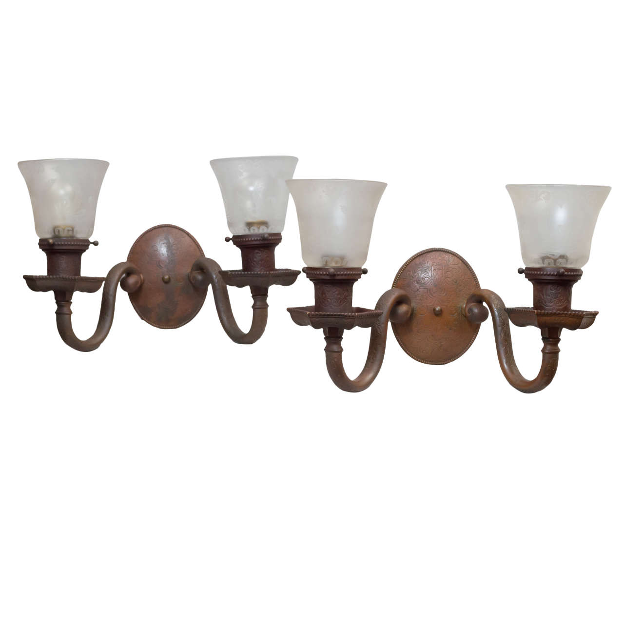 High Quality Cast Bronze Sconces w/ Deep Etched Glass Shades