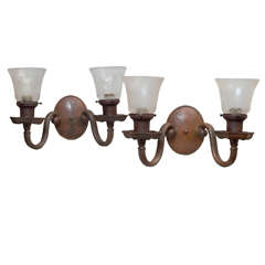 Antique High Quality Cast Bronze Sconces w/ Deep Etched Glass Shades