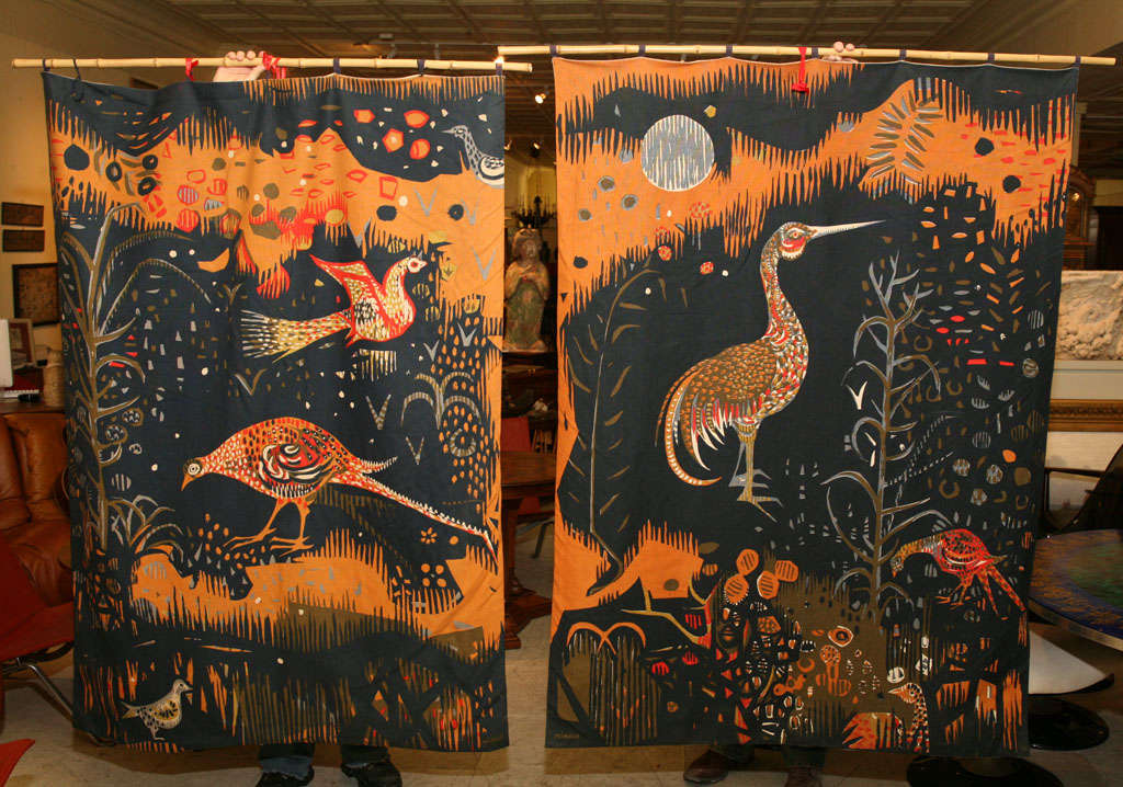 Pair of silk screen wall hangings for Braun & Cie by French artist Andre Minaux 1923-1986.  Minaux attend the 'School of Paris, Ecole des Arts Decoratifs 1941 - 1945