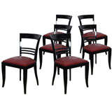 Set 6 French Art Deco Black Lacquered Walnut Dining Chairs