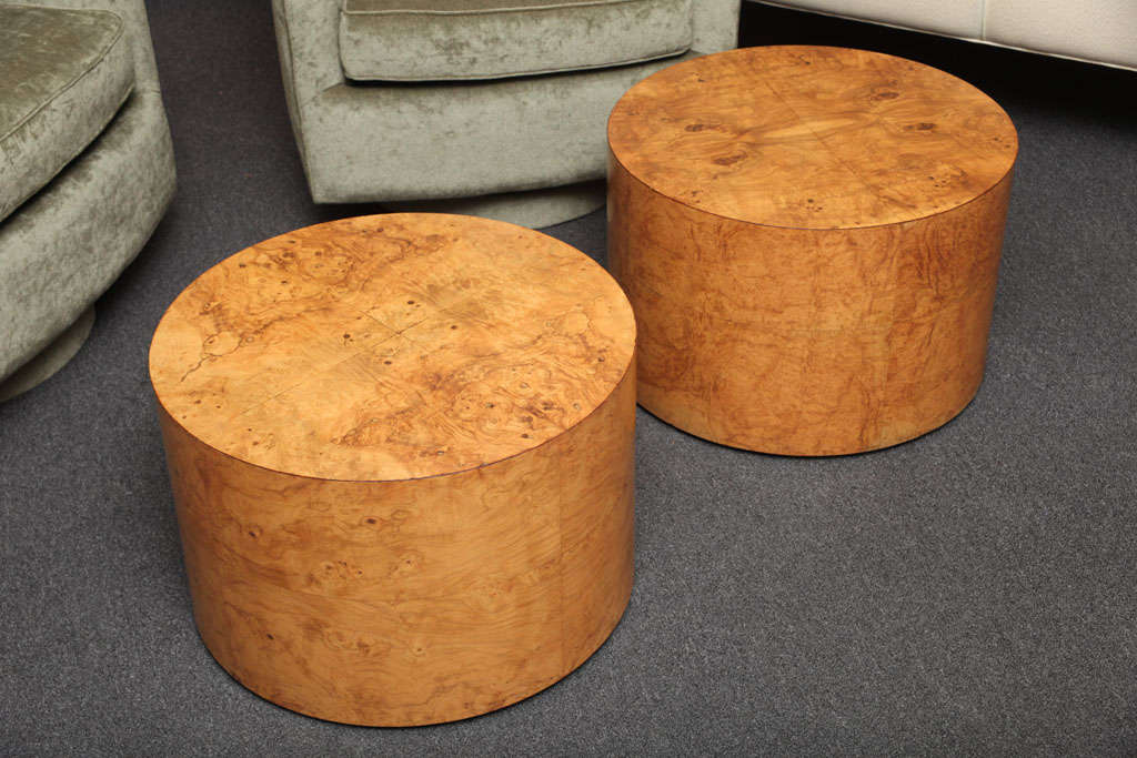 Rich Milo Baughman Burl Drum Side Tables