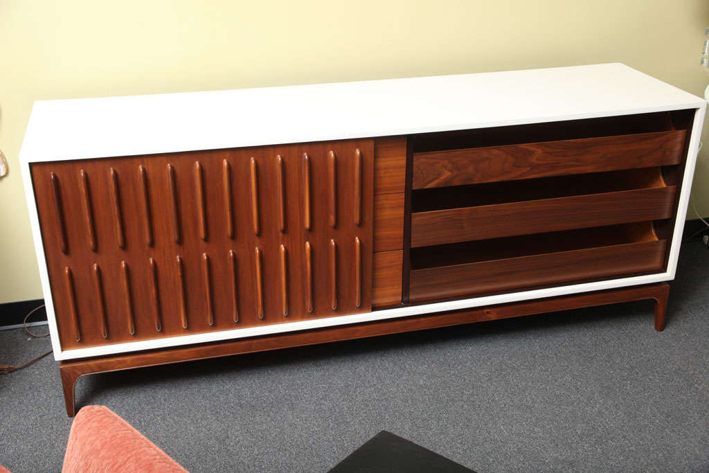 American Stunning 50's Sculpted Front  White Lacquer & Walnut Credenza