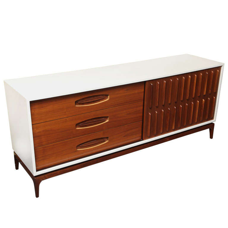 Stunning 50's Sculpted Front  White Lacquer & Walnut Credenza