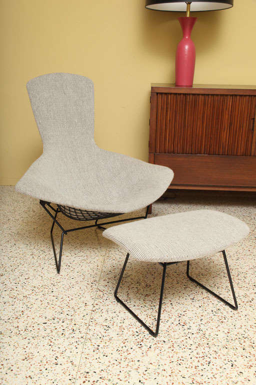 ...SOLD MAY 2012...From the 1952 Bertoia Seating Collection for Knoll, the award winning and iconic Bird Chair with Ottoman.  Sculptural black steel rod mesh shaped frame covered in Knoll's Cato fabric in Sand, woven of predominately wool, the most