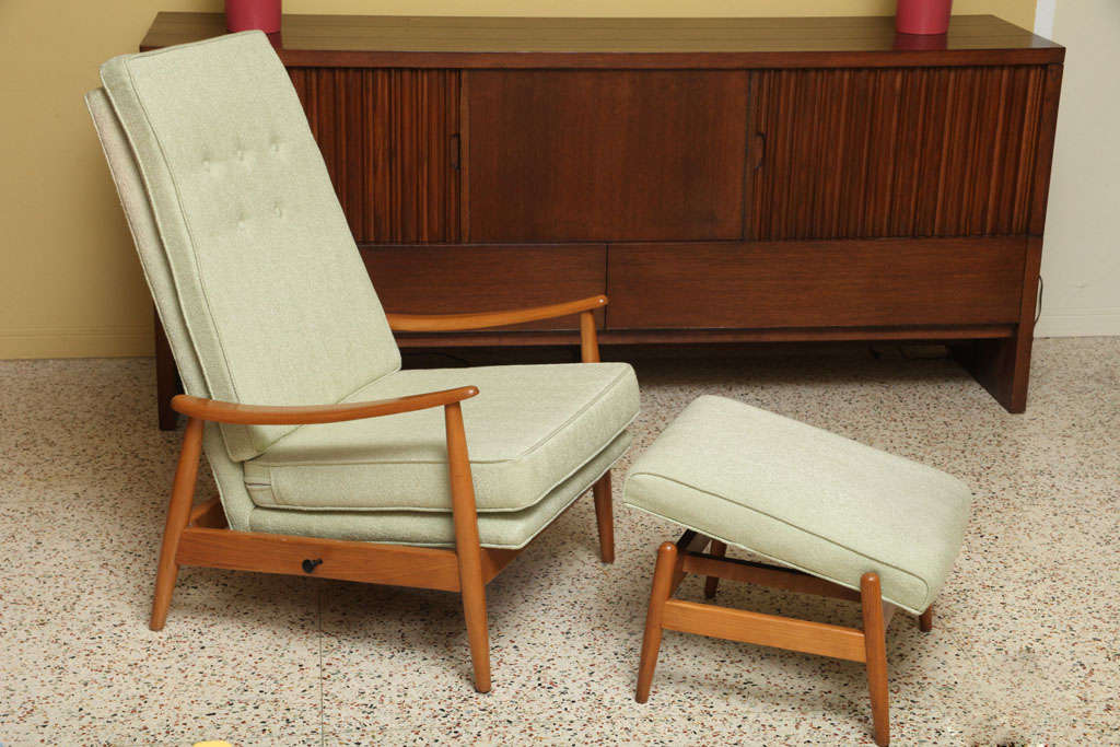 ...SOLD SEPTEMBER 2011...This early Milo Baughman Rocker Lounge with Ottoman with 50's styling was edited by James Inc. and features a wonderful high back and sweeping arms.  With great versatility, it can be a stationary lounge with different