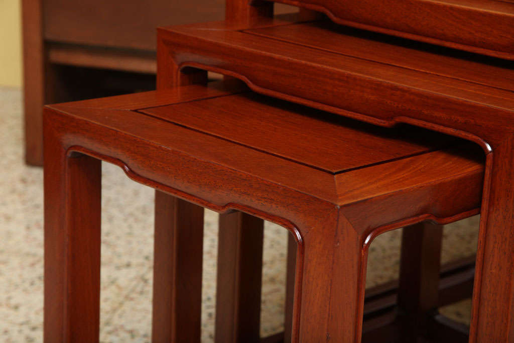 Carved Exquisite Baker Far East Style Teak Nesting Tables Set of 4