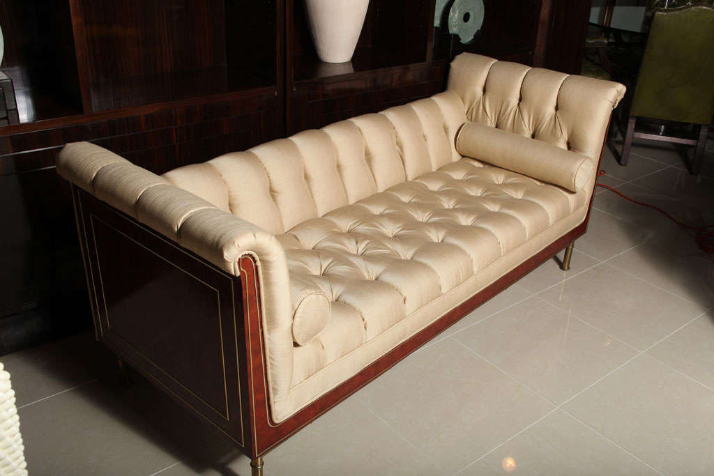 A Fine Maison Jansen Burlwood and Brass Settee/ Chaise In Excellent Condition In West Palm Beach, FL