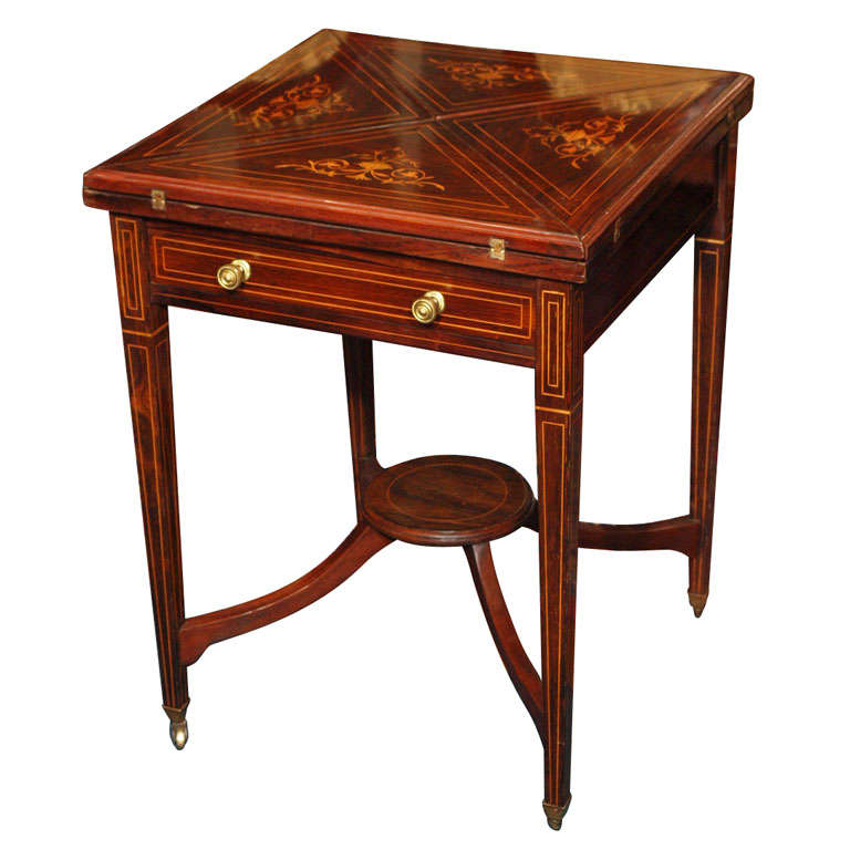 Antique English Rosewood Handkerchief Table with Superb Inlay