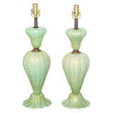 Pair of Antique Green Murano Glass Lamps