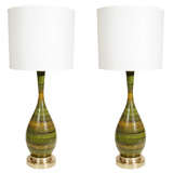 Pair of Italian Green Striped Ceramic Lamps
