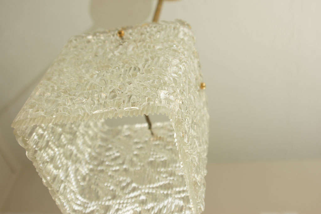 Square Textured Glass Pendant Ceiling Fixture with Brass Accents by Kalmar In Excellent Condition In Bridgehampton, NY