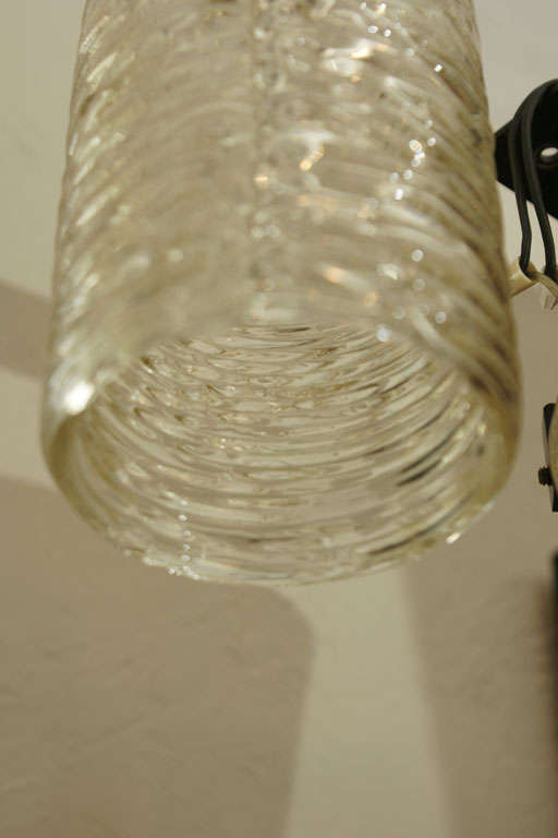 Mid-20th Century Cylindrical Textured Glass Pendant Ceiling Fixture with Brass Details by Kalmar