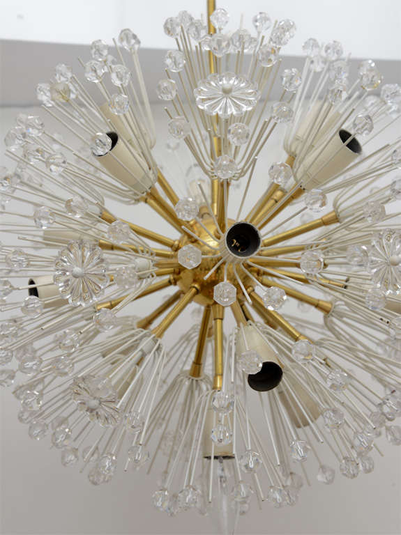 Austrian Sputnik-like, Round Brass Chandelier W/ Crystal Glass Adornments By Emil Stejnar