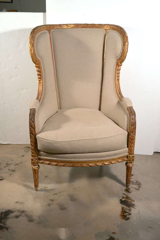 19th c French Carved Giltwood Wing Chair