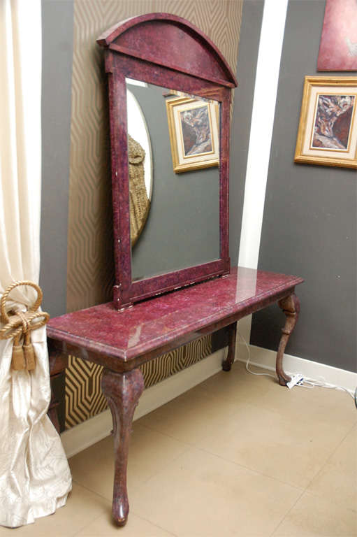 Faux marbleized amethyst lacquer finished console table in the style of Karl Springer.