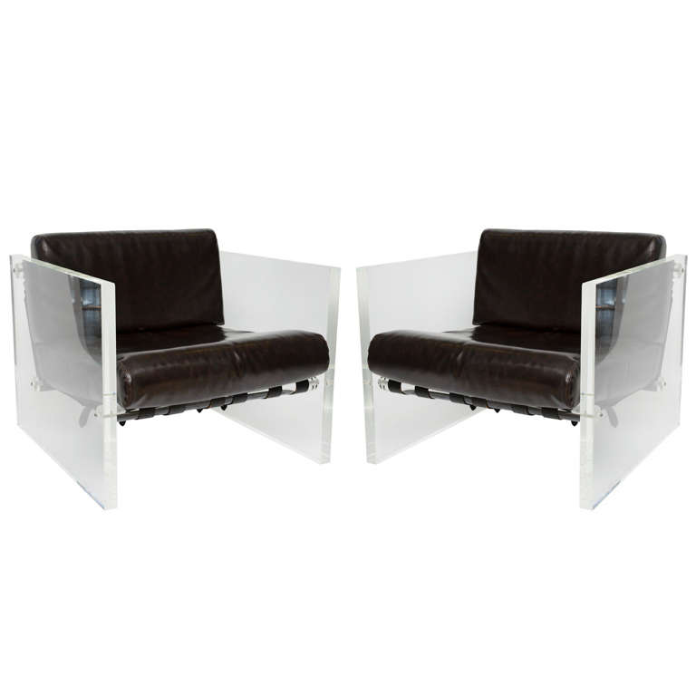 Pair of Lucite Club Chairs with Strap and Buckle Motif