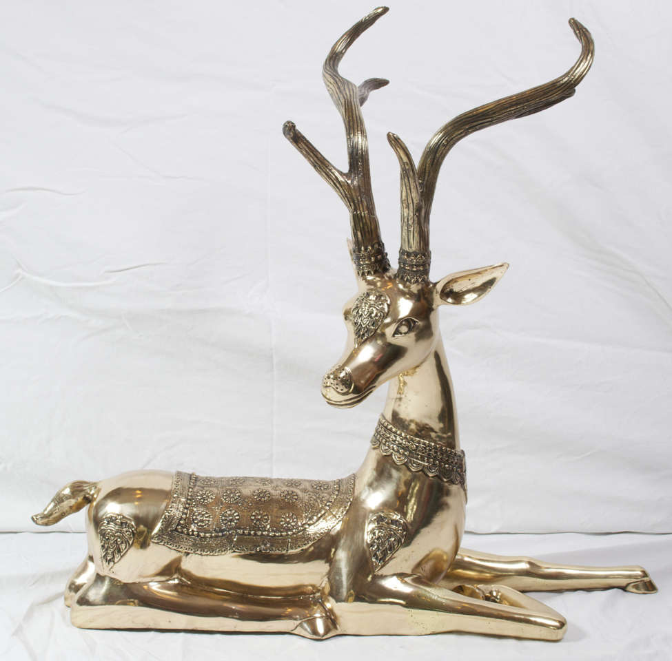 This a large and heavy Brass reclining deer, from the 1970's by Sarreid. Sarreid was (and still is) a high end accessory manufacturer to the trade. The deer has been recently professionally polished, then clear coated. Deer will now hold it's shine
