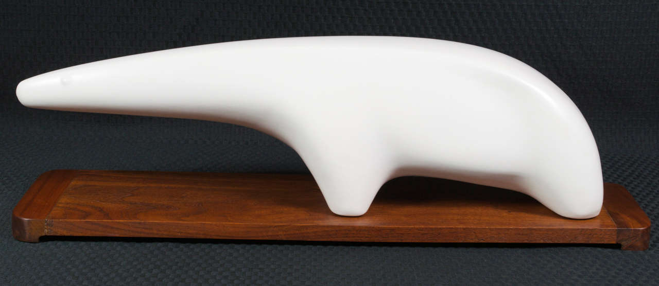 For your consideration is this seldom seen ceramic modernist sculpture designed by Gordon Newell (California based sculptor) for Architectural Pottery.  Newell designed the Anteater for AP in 1958 and comes with it's original period  walnut base.  