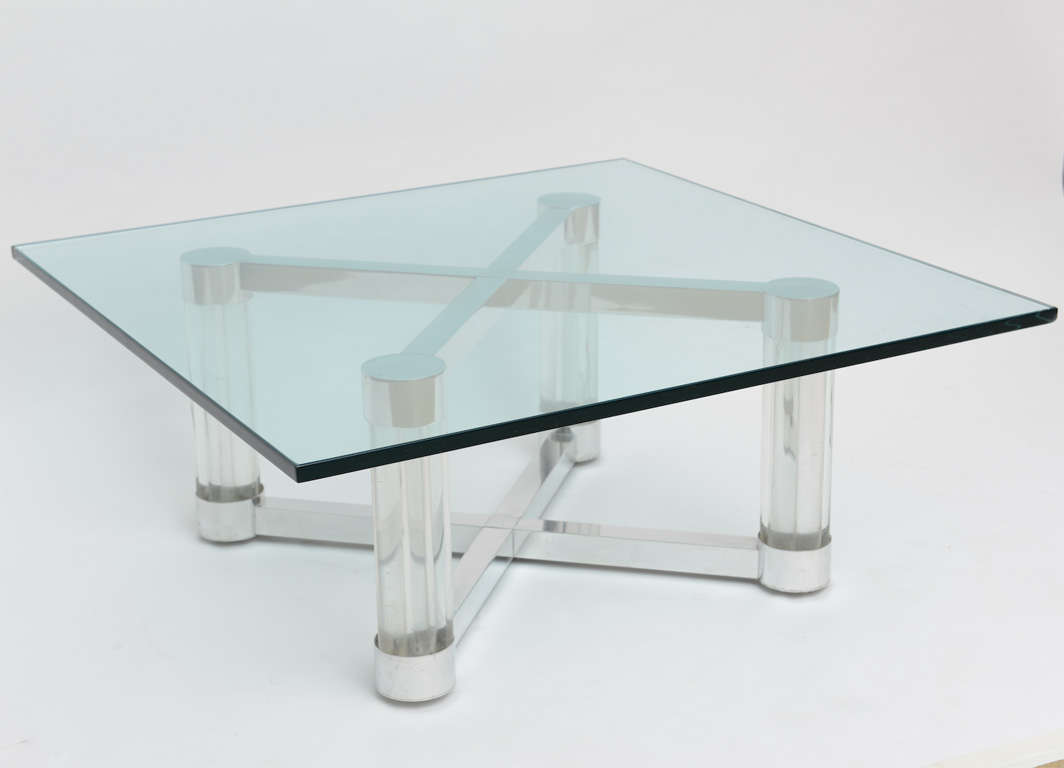 STRAIGHT FROM THE 1960,s  ART DECO REVIVAL BEAUTIFUL  COFEE TABLE  CONSTRUCTED OF ALUMINUM  , LUCITE , AND GLASS TOP. 