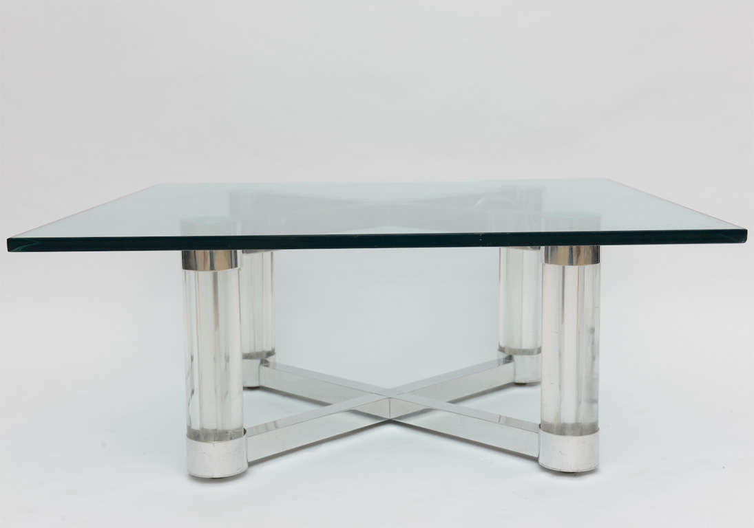 American Mid Century Modern Lucite & Metal 1960s X Base Coffee Table For Sale