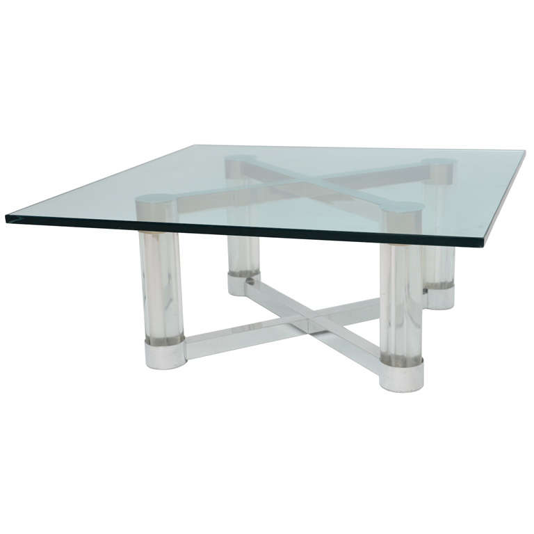Mid Century Modern Lucite & Metal 1960s X Base Coffee Table For Sale