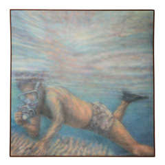 Large Stunning 1970 Underwater  Painting Of Coral Reef And Diver
