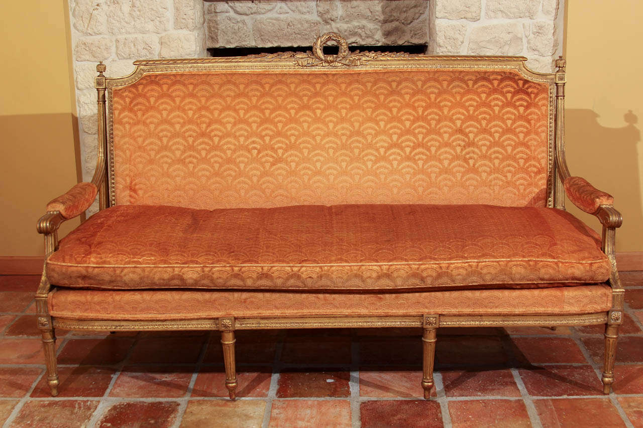 French Louis XVI Style French Settee

This is a Napolean III period, Louis XVI style settee that seats three people. 

It features two open arms which are upholstered for comfort. The arms run into a 