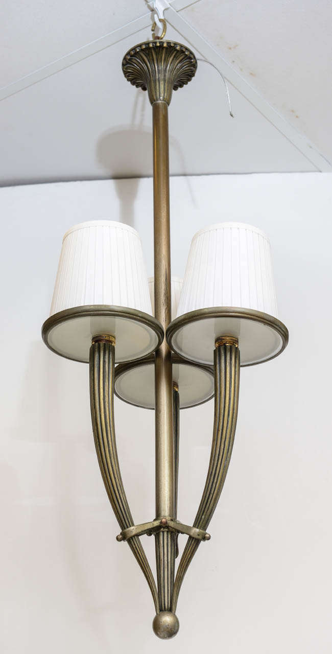 Elegant 3-arm bronze chandelier style of Guglielmo Ulrich, glass diffusers on three 3-light.