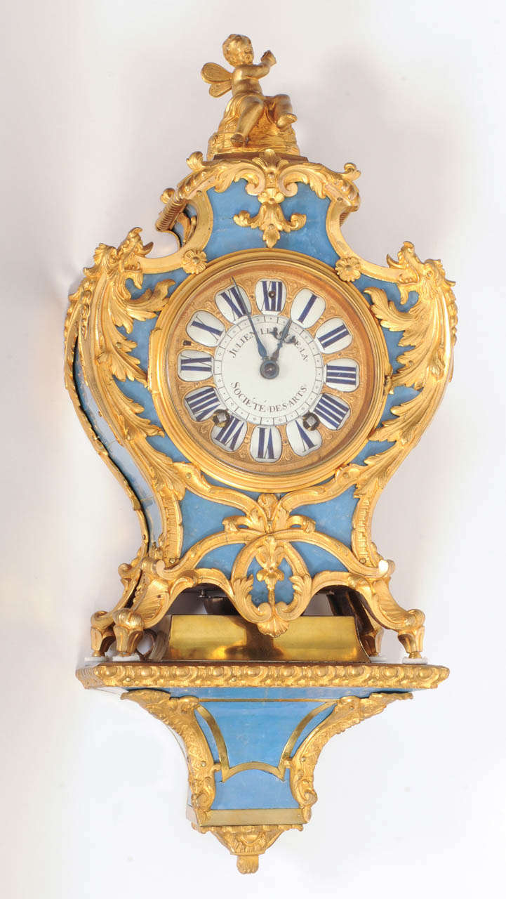 A French Regence Ormolu-Mounted Blue Horn Bracket Clock on Wall Bracket, Julien Le Roy circa 1735, 8-day duration, with verge escapement, hour and half hour strinking, signed 'Julien le Roy, de la Société des arts' on the dial and on the movement.