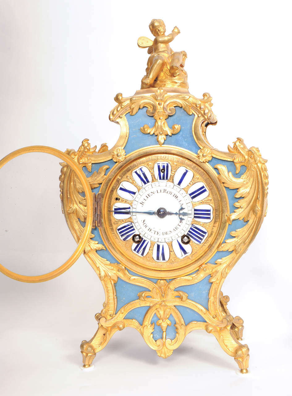 Ormolu A French Regence Blue Horn Bracket Clock on Wall by Julien Le Roy For Sale