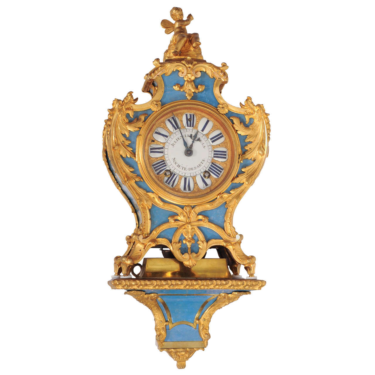 A French Regence Blue Horn Bracket Clock on Wall by Julien Le Roy For Sale