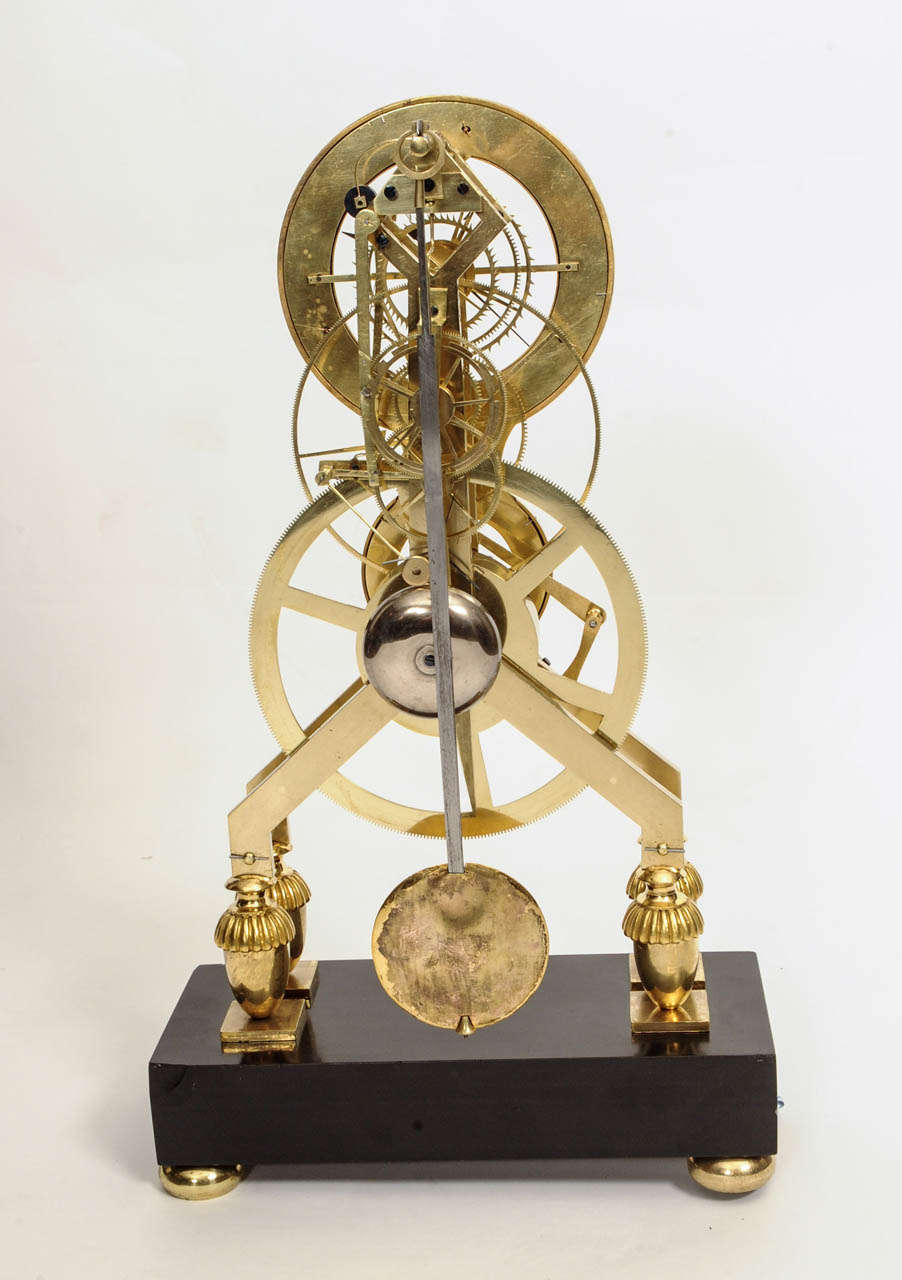 French Directoire Brass and Black Marble Skeleton Mantel Clock circa 1795 For Sale 5