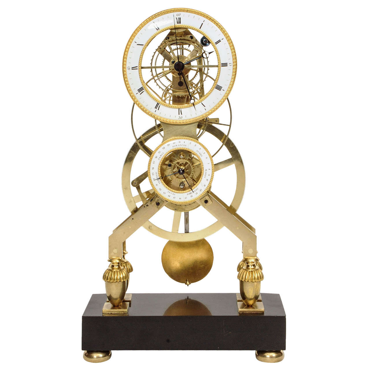 French Directoire Brass and Black Marble Skeleton Mantel Clock circa 1795 For Sale