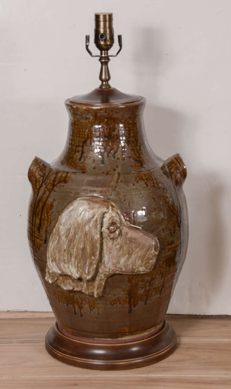 19th Century Pair of Hunting Dog Pottery Lamps For Sale
