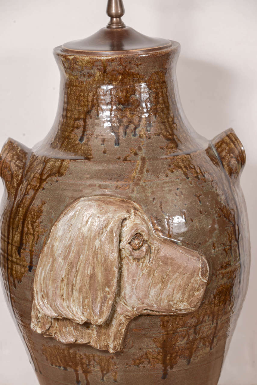 Pair of Hunting Dog Pottery Lamps For Sale 1