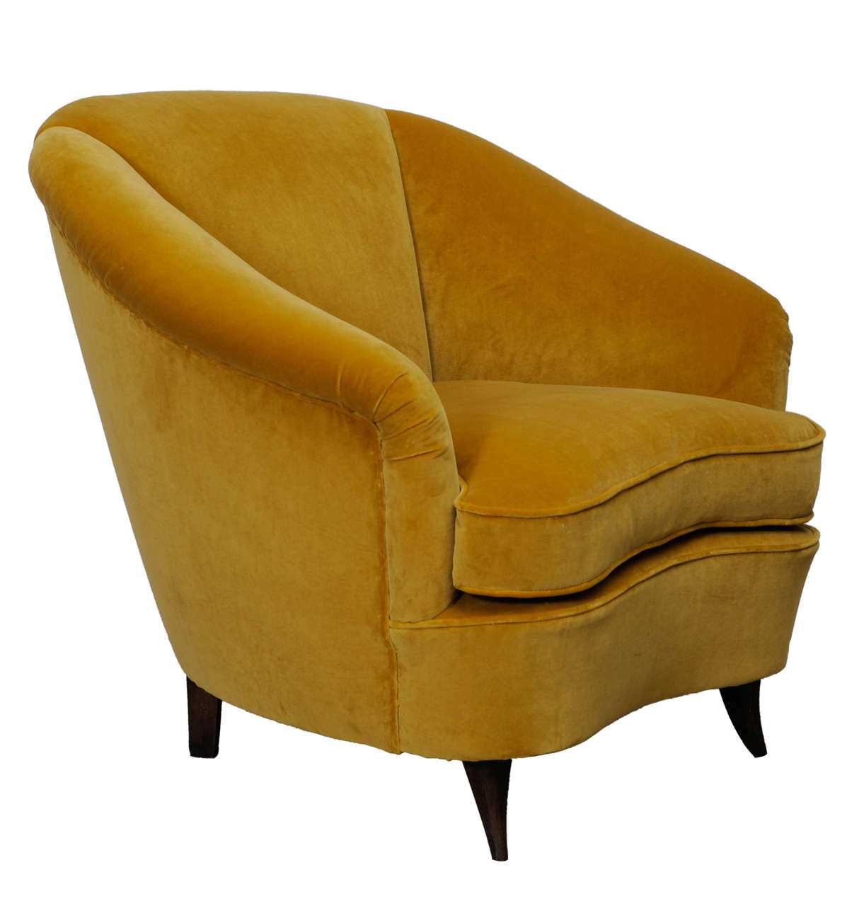 Pair of armchairs with golden yellow velvet upholstery, mahogany wood feet.