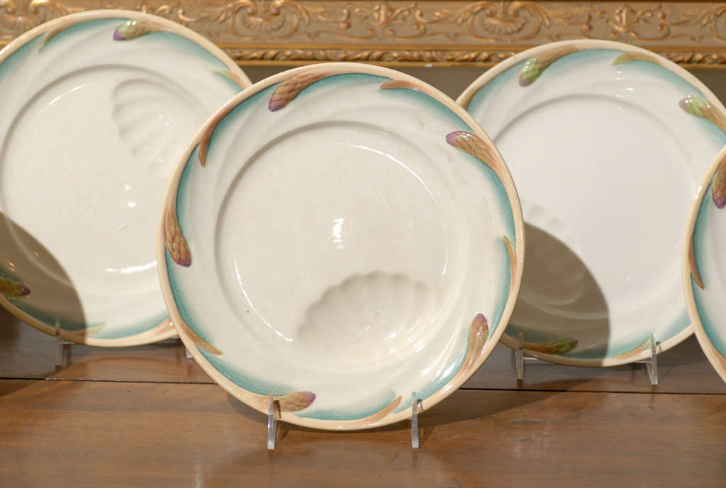 Faience French Late 19th Century Sarreguemines Asparagus Plates with Shell Shaped Hole