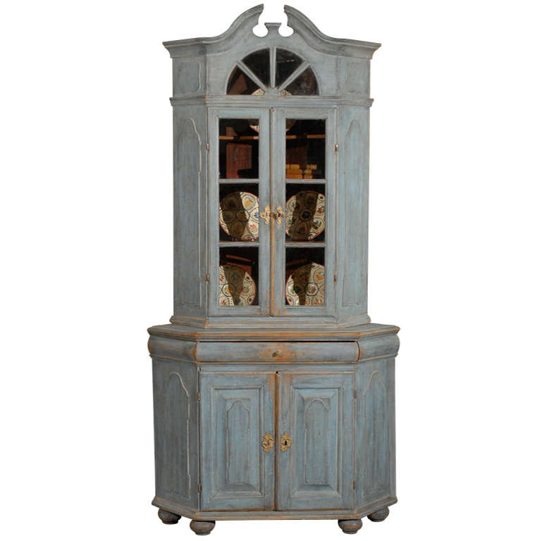 Light Blue Painted 1760s Swedish Baroque Corner Cabinet With Old Glass Doors