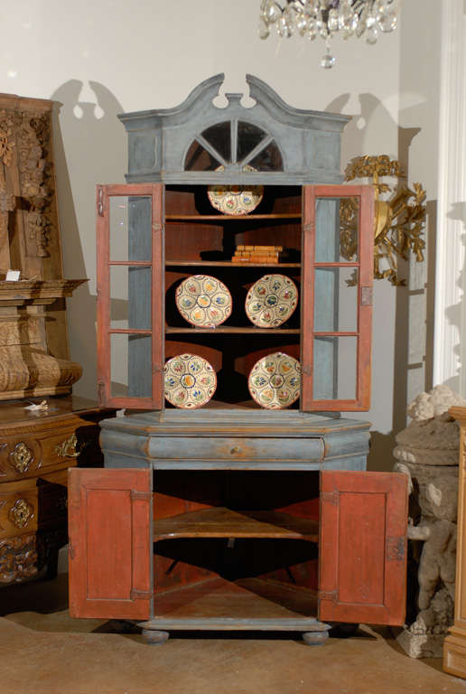 Light Blue Painted, 1760s Swedish Baroque Corner Cabinet with Old Glass Doors In Good Condition In Atlanta, GA