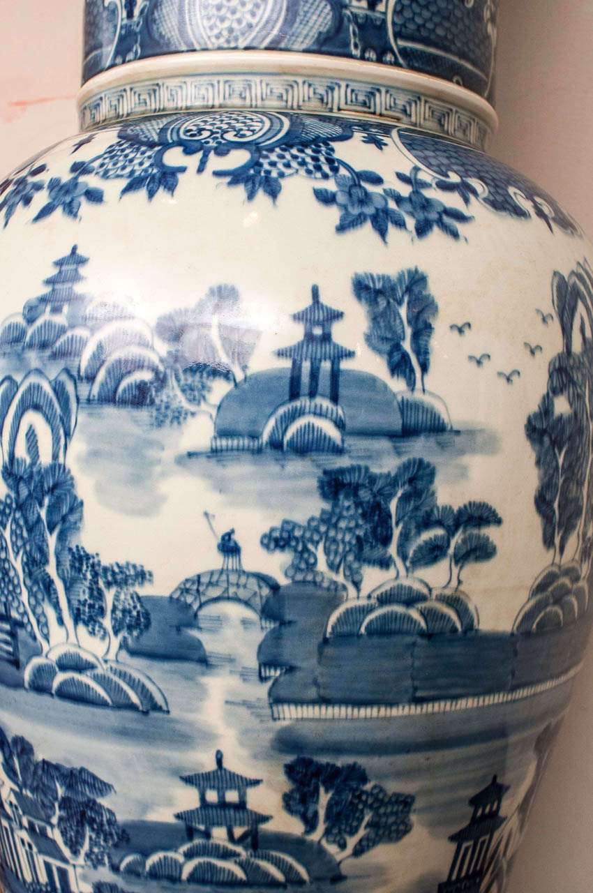 20th Century Monumental Pair of Chinese Blue and White Palace Jars