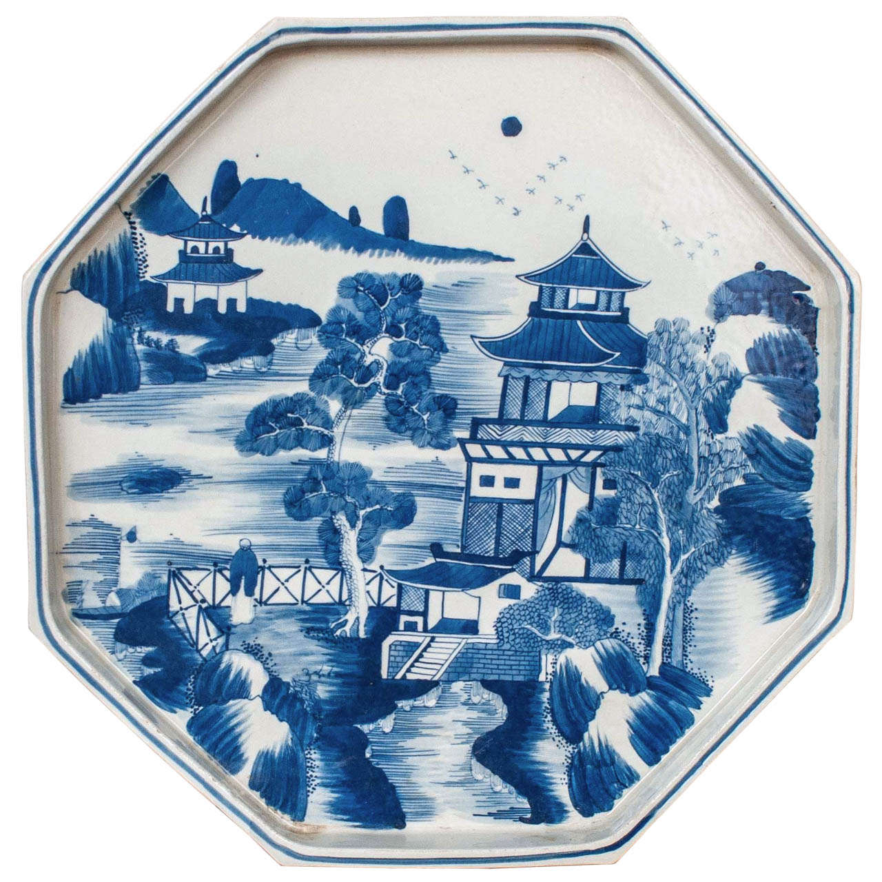 Chinese Blue and White Porcelain Octagonal Charger For Sale
