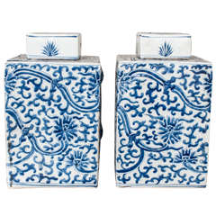 Vintage Pair of Chinese Blue and White Porcelain Tea Canisters